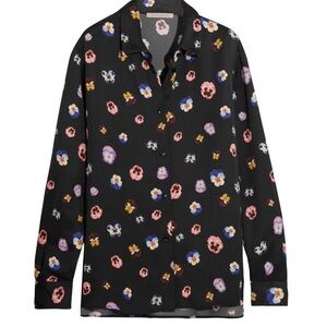 Christopher Kane Black Floral Button-Down Shirt with Pink, Purple & Blue Pansies
